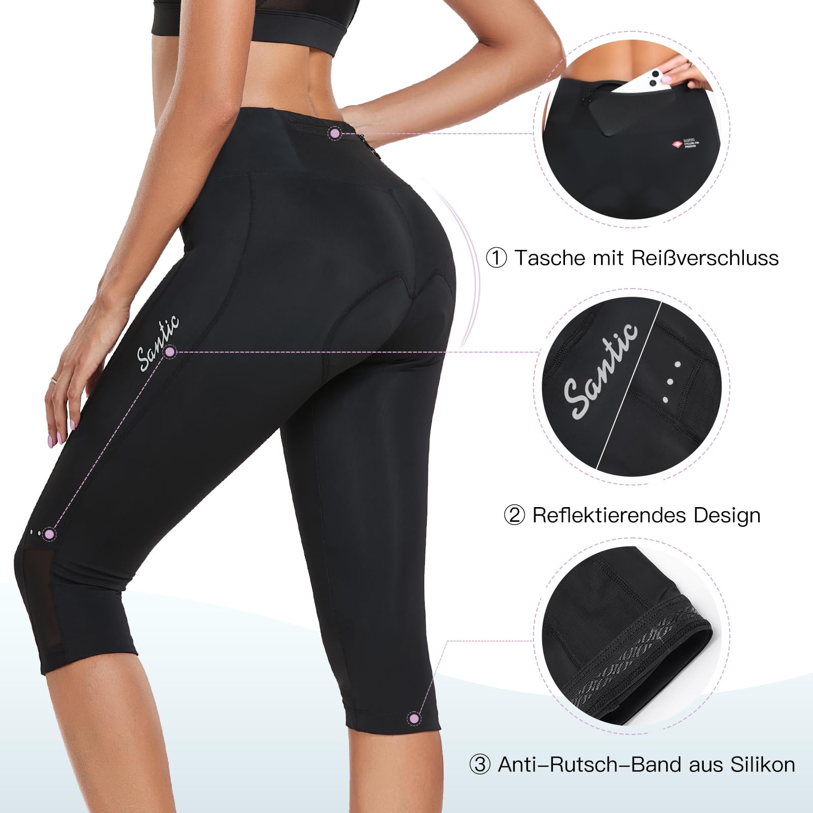 Santic Radlerhose Damen 3/4 Fahrradhose Gepolstert Radsportshorts Radhose Radsport-Leggings Tights Sitzpolster Elastische Schnell Trocknend Atmungsaktive Schwarz XXL 3