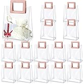 15 Pack Clear Gift Bags with Handles Transparent PVC Gift Bag Heavy Duty Gift Wrap Bags Large Reusable Plastic Bags for Bridal Party Baby Shower Wedding Birthday Shopping Bag (7 x 8 x 4 Inch, Pink)