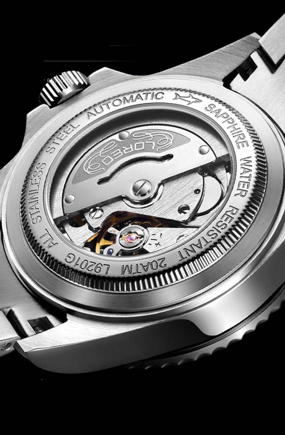 LOREO Mens Silver Stainless Steel Sapphire Glass Black Rotating Bezel Men's Automatic Watch