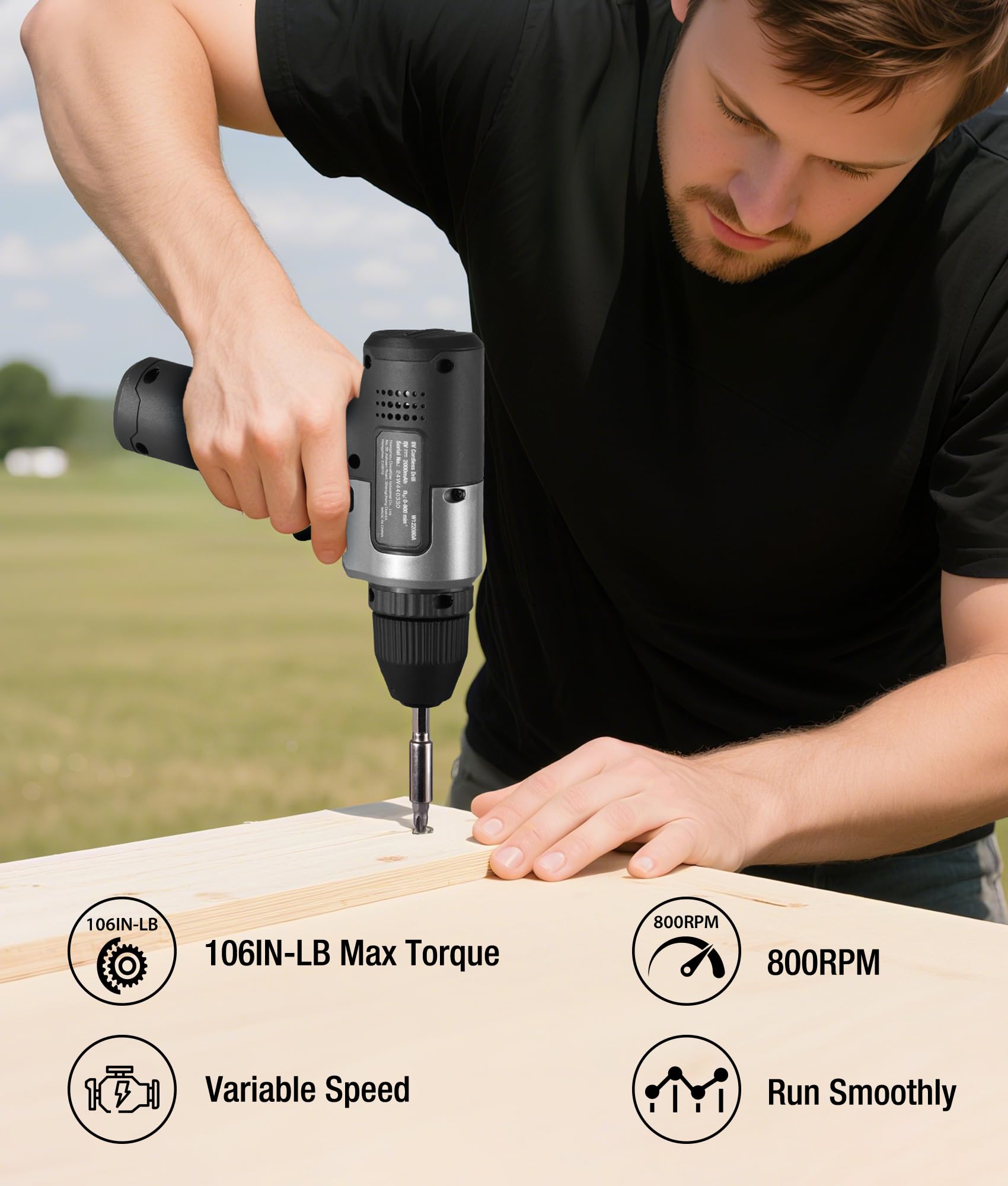 WORKPRO 8V Cordless Drill Set, 2Ah Electric Power Drill with 3/8'' Keyless Chuck, 15pcs Bits, Type-C Charging, Built-in LED and Variable Speed for Drilling and Screwing