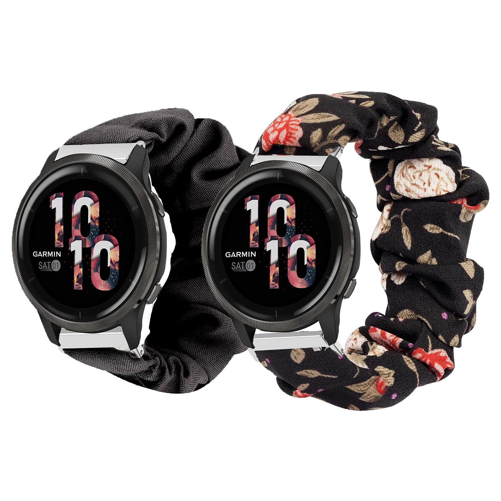 Compatible for Garmin Venu 2S Band, Giaogor Fabric Elastic Scrunchie Elastic Women Cute Replacement Straps Compatible for Garmin Venu 2S (2 pack-Black+Black Flower)