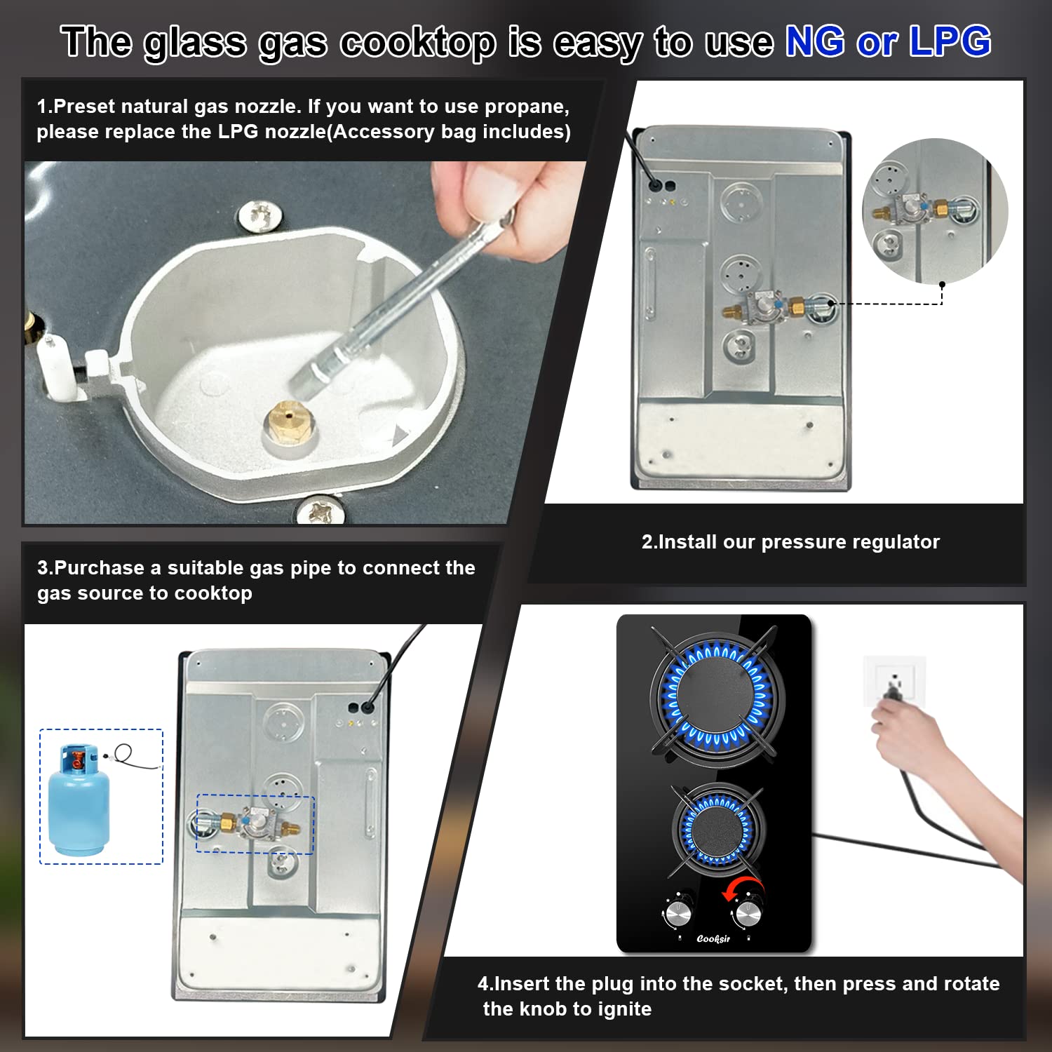 Cooksir 12 inch Gas Stove, 2 Burners Propane Cooktop Bulit-in, Indoor Cooktop Suitable for Dual Fuel LPG/NG, Tempered Glass Gas Stove Top for Kitchen, Apartment, Indoor, 110-120V Plug in