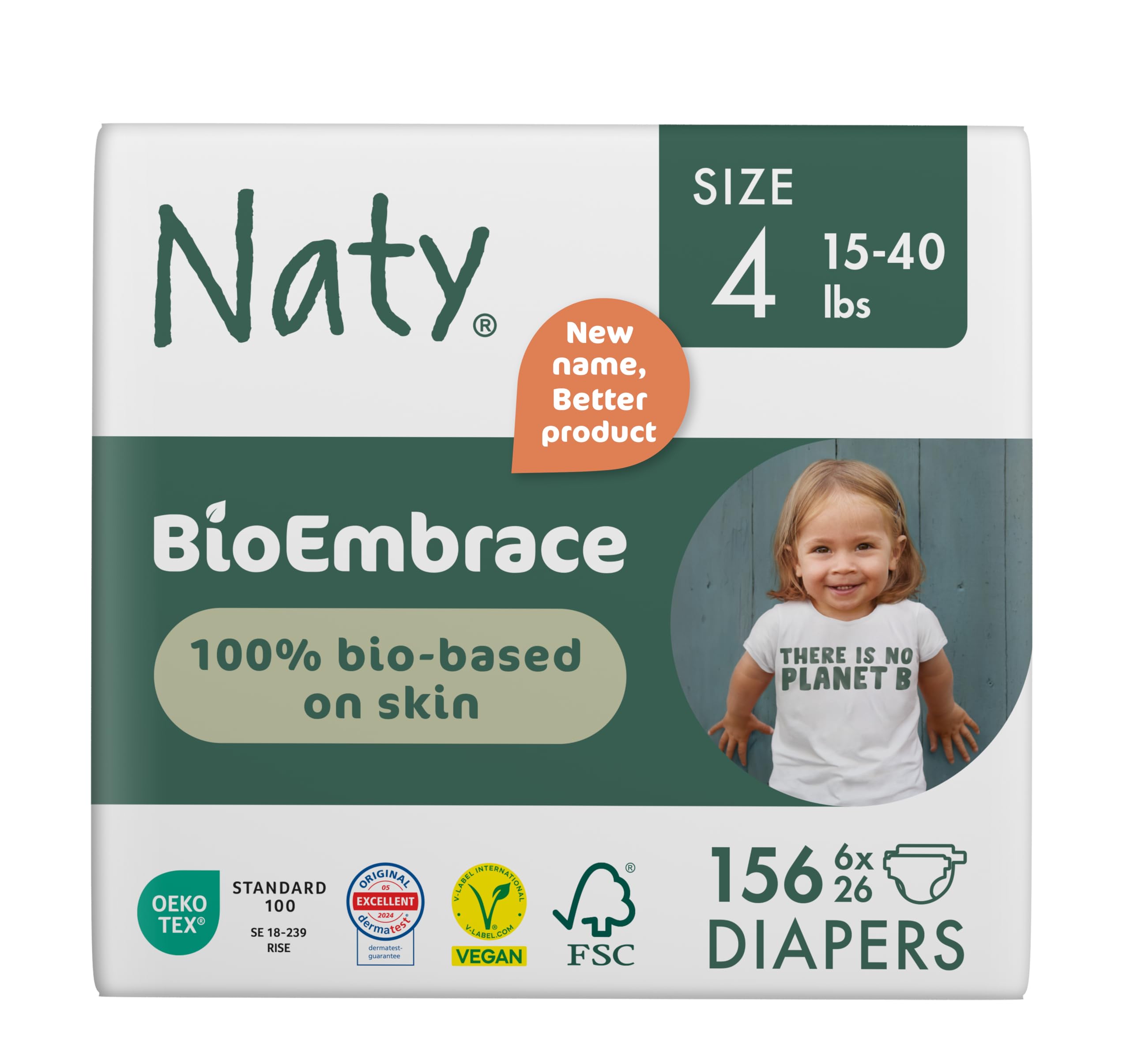 Photo 1 of Naty BioEmbrace Baby Diapers Size 4 (15–40 lbs) | 100% Biobased on Skin | Plant-Based Softness | Dermatologically Tested, Super Absorbent | 156 Count