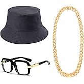 Feacole 80s/90s Hip Hop Costume Kit- Cotton Bucket Hat,Big Chunky Miami Cuban Chain Necklace,80's Gazelle Vintage Glasses