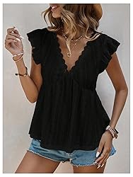 SweatyRocks Women's Lace Trimmed V Neck Ruffled