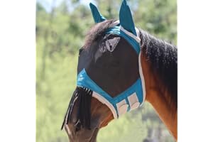 Harrison Howard CareMaster Horse Fly Mask with Ears and Nose Fringe Fly Protector Defender Mask Sky Blue Full Size