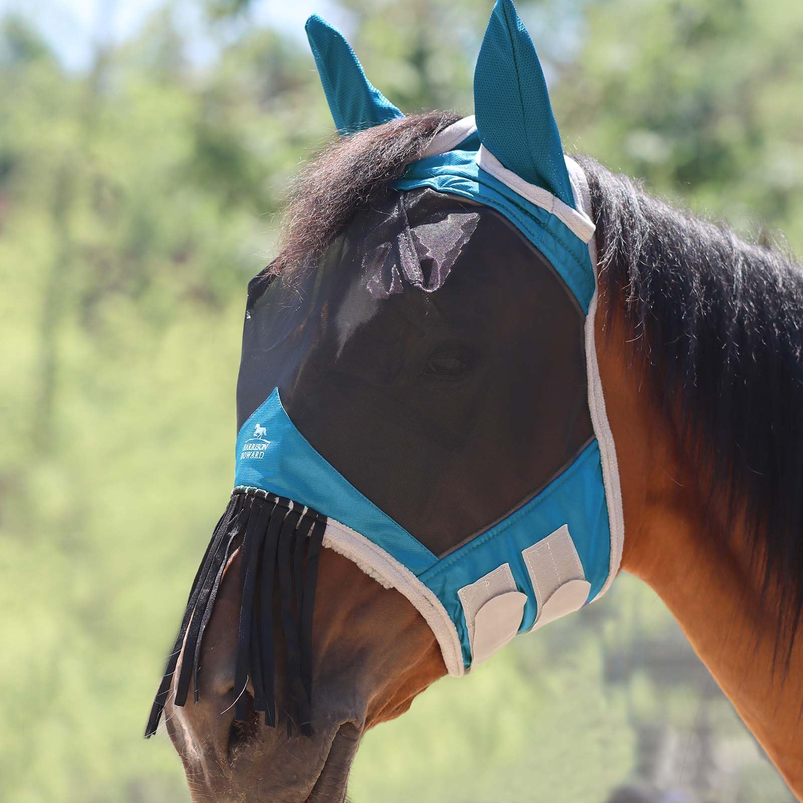 Harrison Howard CareMaster Horse Fly Mask with Ears and Nose Fringe Fly Protector Defender Mask Sky Blue Full Size