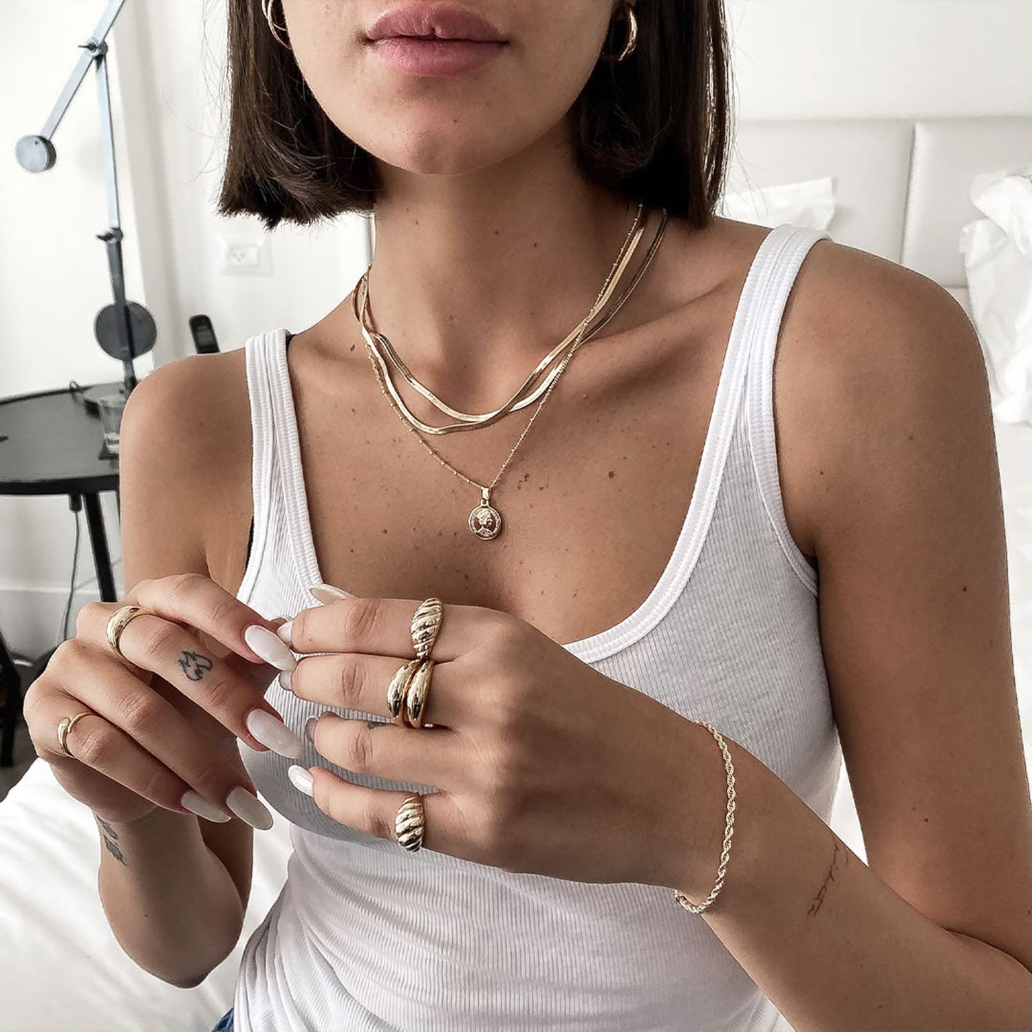 DEARMAY 14K Gold Plated Necklaces for Women, Dainty Gold Herringbone Choker Necklace Thin Layered Snake Chain Jewelry for Gifts