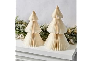 LampLust Paper Tree Decor, 2 Pack Honeycomb Paper Trees, 10 & 12 Inch, White & Gold Glitter Edge, Christmas Table Decor, Holiday Table Centerpieces, Christmas Decorations
