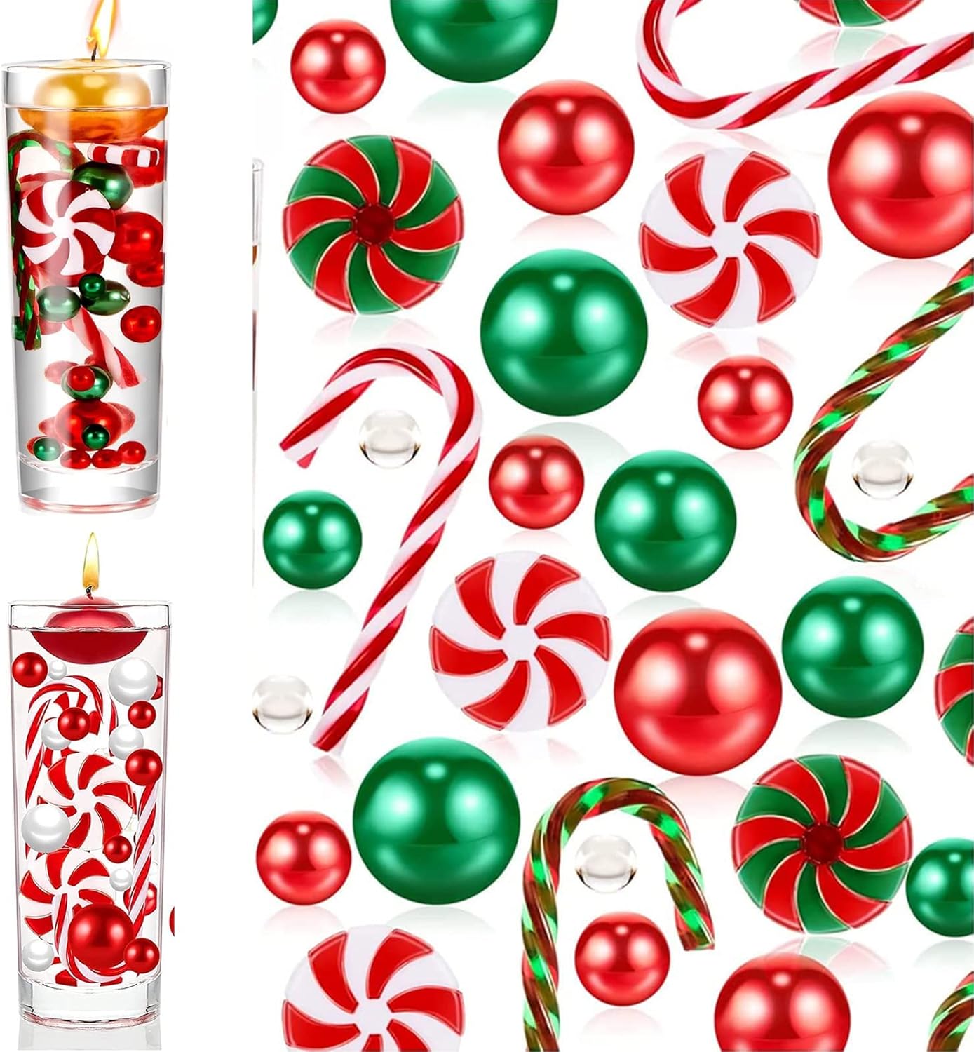 Vase Fillers - 7065 PCS Christmas Vase Filler Decorations - Floating Christmas Candles - Acrylic Plastic Glass Candy Canes Vase Filler - Red White Green Floating Pearls - Water Gel Jelly Beads Balls for Vases