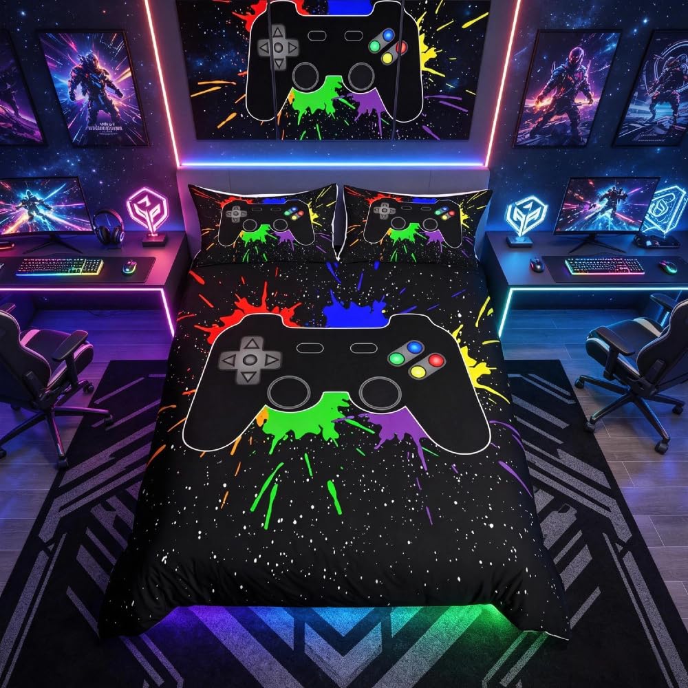 Loussiesd Game Duvet Cover Boys Video Game Bedding Set Single For Kids Teens Children Bedroom Decor Modern Gamer Gaming Controller Comforter Cover Soft Youth Games Colorful Tie Dye Bedspread Cover