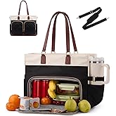 LOVEVOOK Lunch Tote Bag for Women, Work Bag with Insulated Lunch Compartment, 15.6 Inch Laptop Tote with Cup Holder for Teacher, Office, Black & Brown