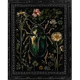 Vintage Iridescent Scarab Beetle Floral Canvas Wall Art, Dark Academia Botanical Painting Picture Poster Print Artwork, Gothic Cottagecore Farmhouse Wall Decor for Home Decoration with Black Frame