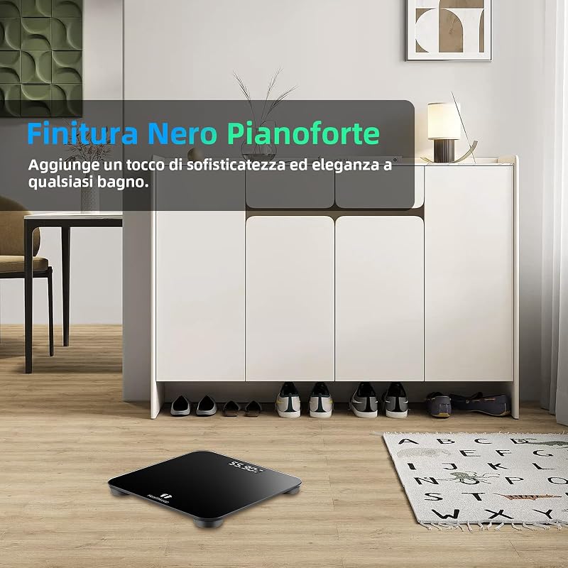 Bilancia pesapersone con sensori ad alta precisione, bilancia digitale per persone con tecnica step-on, bilancia pesapeso in vetro di sicurezza, nero
