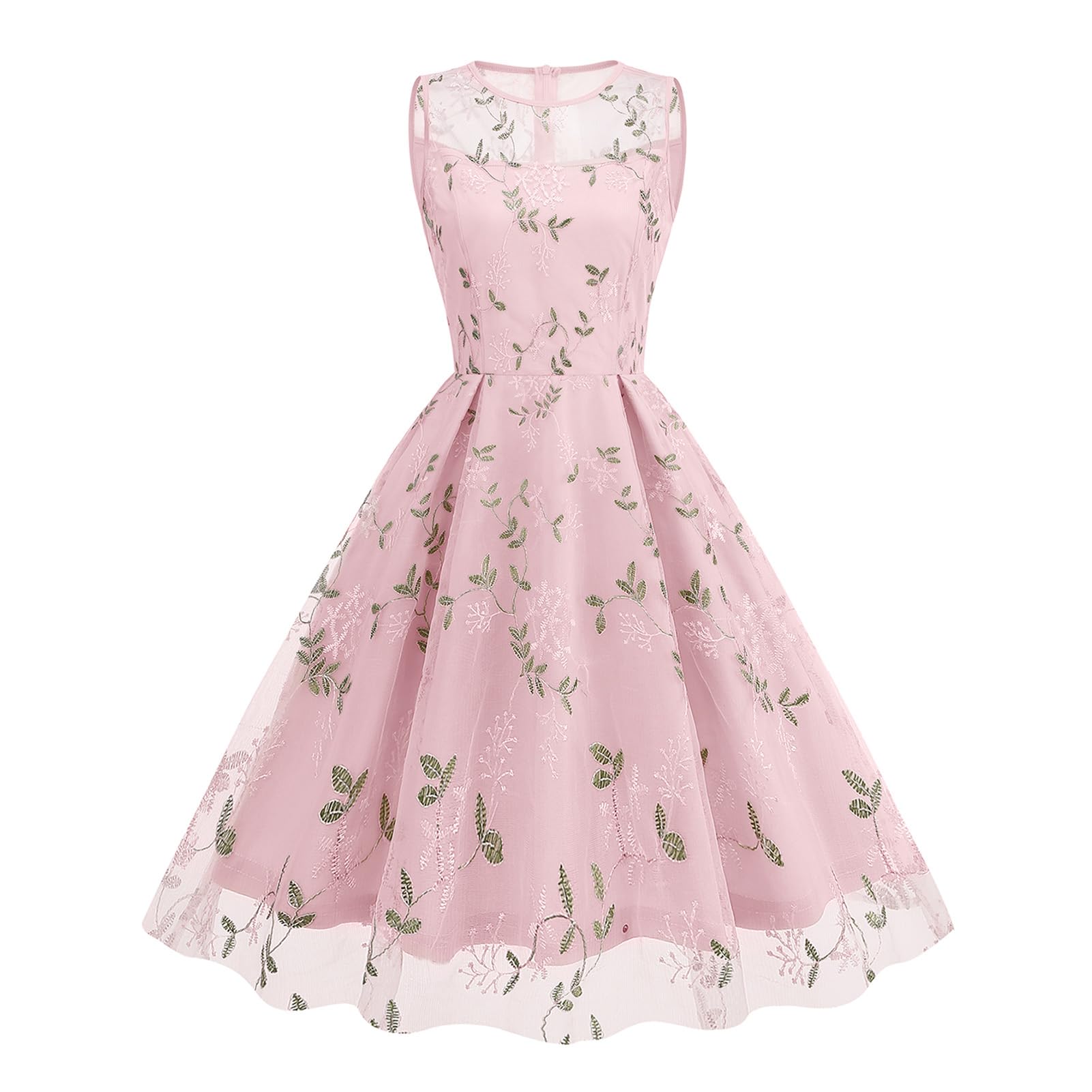 Photo 1 of Tulle Prom Dresses for Women Flower Embroidery Tulle Dress Sleeveless Mesh Embroidered Floral Dress for Women Wedding Guest Short Homecoming Dresses Casual Evening Party Formal Dress Pink-Leaves S