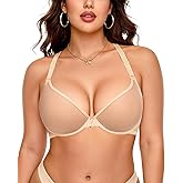 YANDW Sexy Womens Mesh Front Closure Racerback Bras for Women See Through Plunge Non Padded Unlined Sheer Demi Bra Underwire