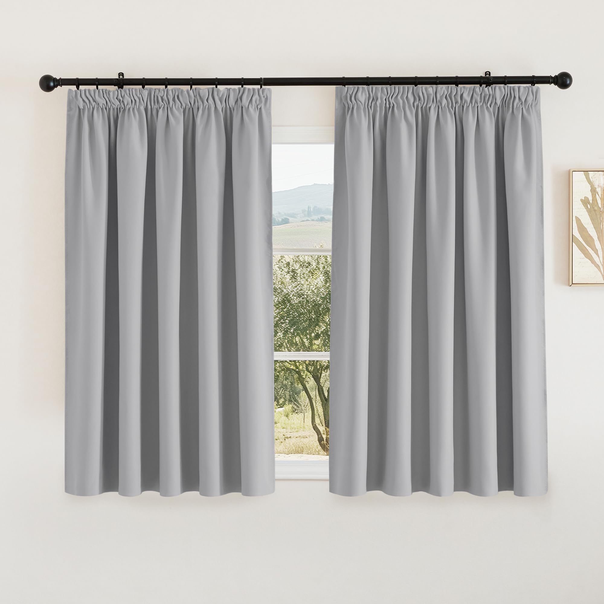 PONY DANCE Nursery Opaque Blackout Pencil Pleat Curtains - Room Darkening Window Treatment Panels Super Soft Thermal Insulated Drapes for Bedroom Living Room, Silver Grey, W66 X L54, 2 Panels