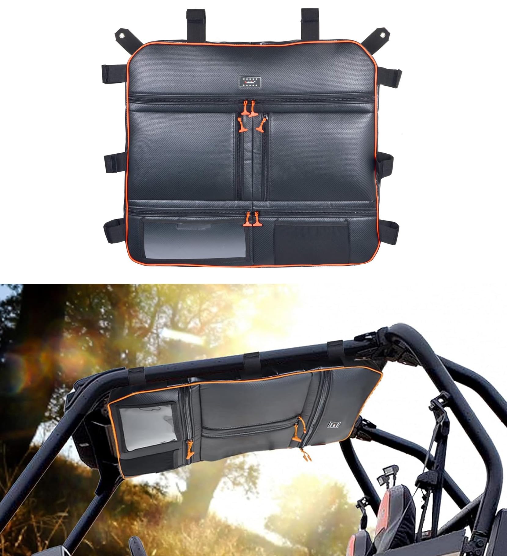 Photo 1 of Goldfire Overhead Storage Bag Center Roof Top Map Bag Tool Gear Bag Compatible with Polaris RZR XP 1000 2 Seat or 4 Seat All Years Models RZR 1000 XP Accessories (Orange Piping)