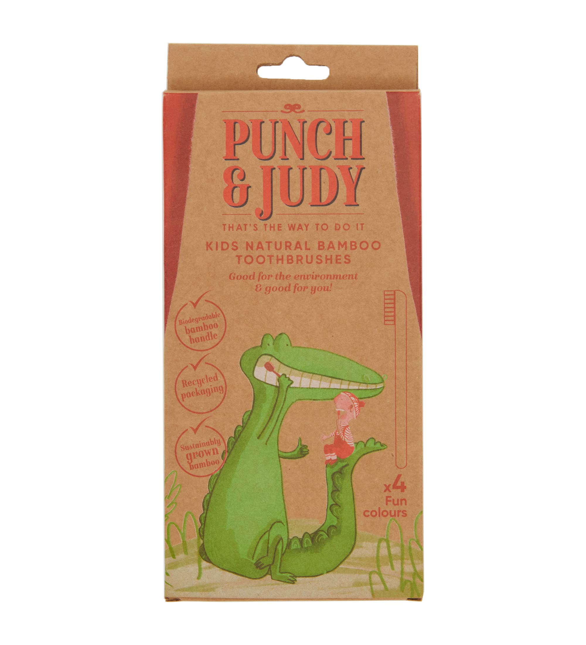 Punch & Judy - Kids Organic Bamboo Toothbrushes - Made with Sustainable, Biodegradable Bamboo - with Recyclable Packaging (4 Pack, Multi Colours)