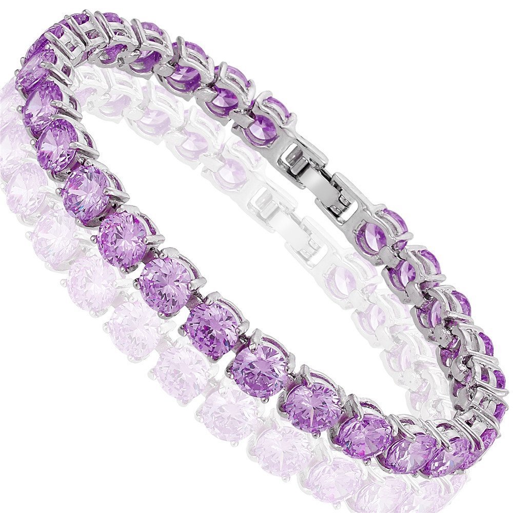 RIZILIA Tennis Bracelet [18cm/7inch] with Round Cut Gemstones CZ [Purple Amethyst] in 18K White Gold Plated, Simple Modern Elegance — image 1