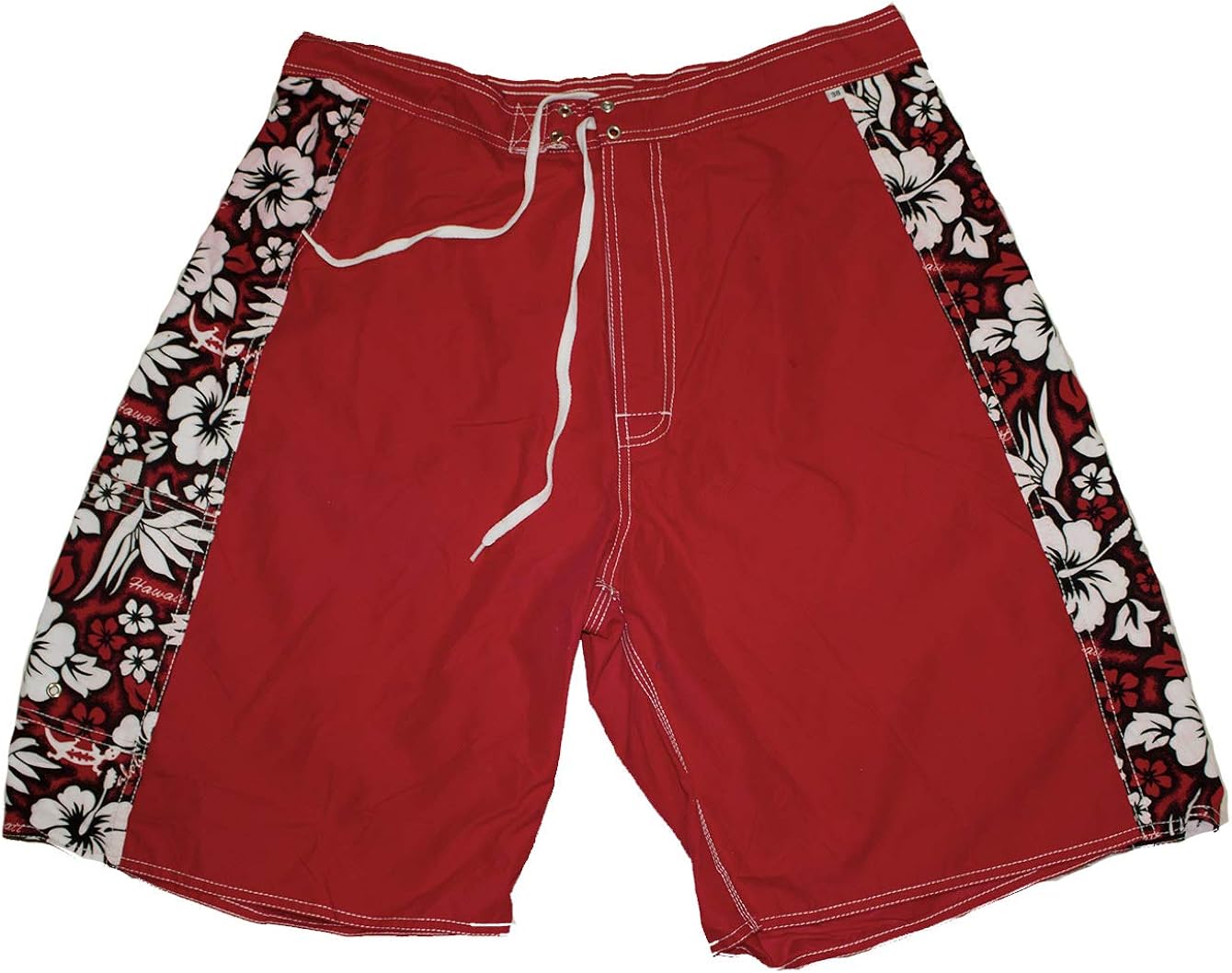 Mens Hawaiian Board Shorts, Hawaii Beach Red Flower Shorts for Men (38