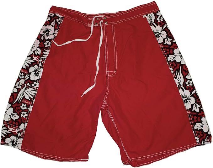 Mens Hawaiian Board Shorts, Hawaii Beach Red Flower Shorts for Men (36