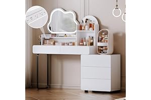 YYJ Makeup Vanity Table with Lighted Mirror,Power Strip Charging Station, Vanity Desk with Storage Shelves,3 Lighting Modes, Brightness Adjustable,Writing Desk with 5 Drawers White,Retractable Makeup