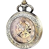 Kchss Mechanical Pocket Watch, for Men Women Special Magnifier Half Hunter Engraved Case Roman Numerals with Chain
