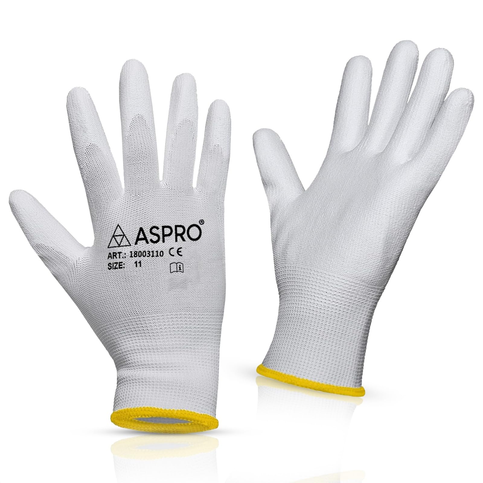 10 Pairs - Size M(8) - White Nylon PU coated work gloves for builders, gardeners, etc - By ASPRO (10 pairs, MEDIUM (size 8))
