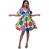 HongyuAmy Women African Floral Print V Neck Dresses Ankara Lantern Sleeves Short Dress