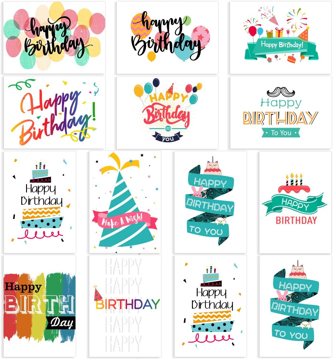 PartyKindom 48 Pack Birthday Cards Assortment with 12 Colorful Design, Blank Cards Include Envelopes and Stickers, Suitable for Women and Men, Children and Adults
