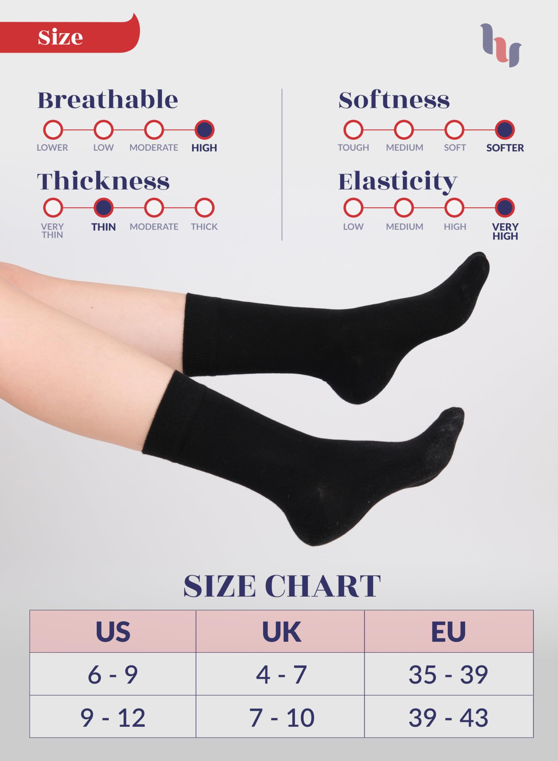 Hugh Ugoli Womens Rayon Derived from Bamboo Dress Socks, Extremely Soft, Thin, Crew Socks for Business Trouser Casual