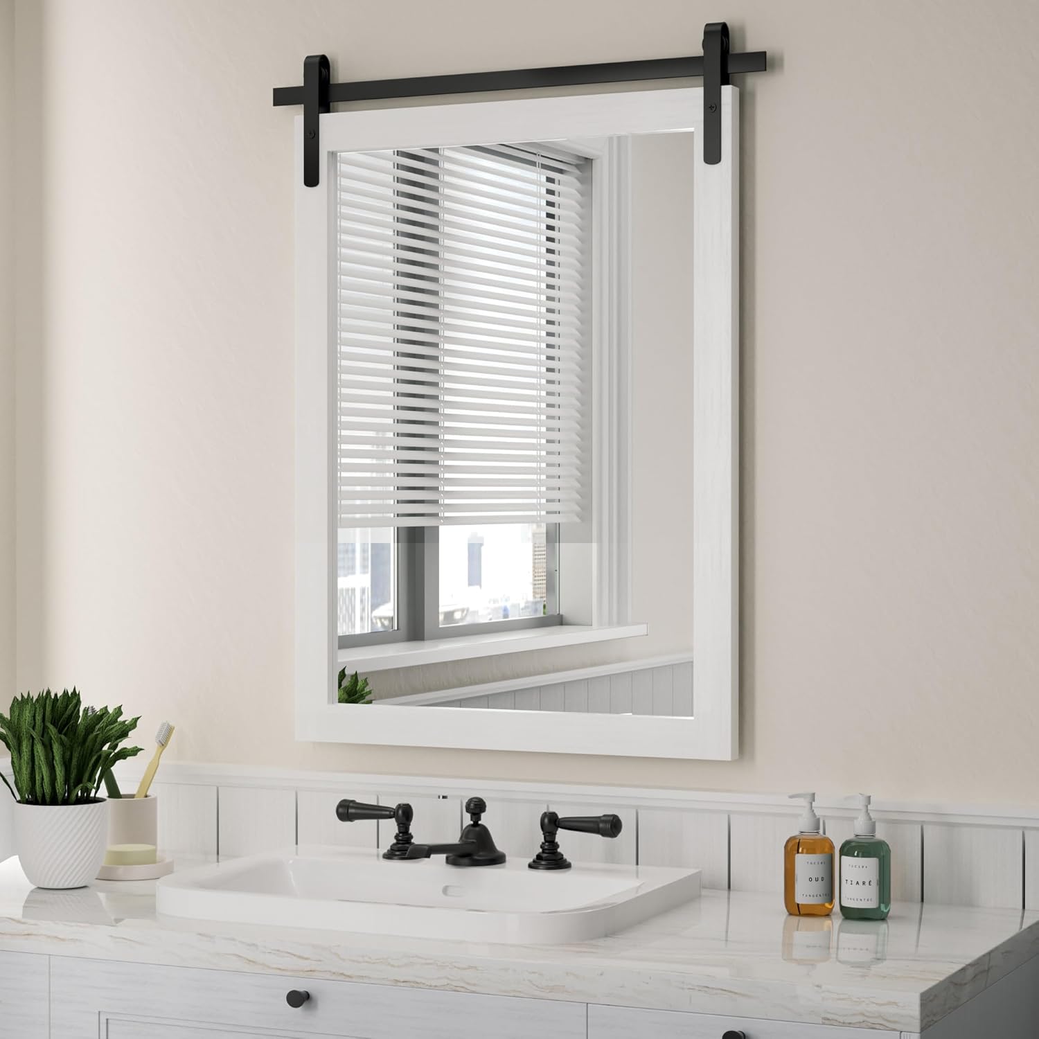 Mirrors - Clavie Farmhouse Bathroom Mirror, White Rustic Mirror Wood Framed Decrative Mirrors, Barn Door Style Decor Entryway Bedroom 22x30INCH Horizontal