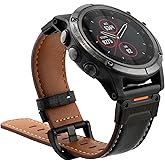 Abanen Genuine Leather Watch Band for Garmin Fenix 8 47mm / epix Pro 47mm / Instinct 3 45mm, QuickFit Retro Classic Wrist Strap for Fenix 7/6/5,Quatix 7
