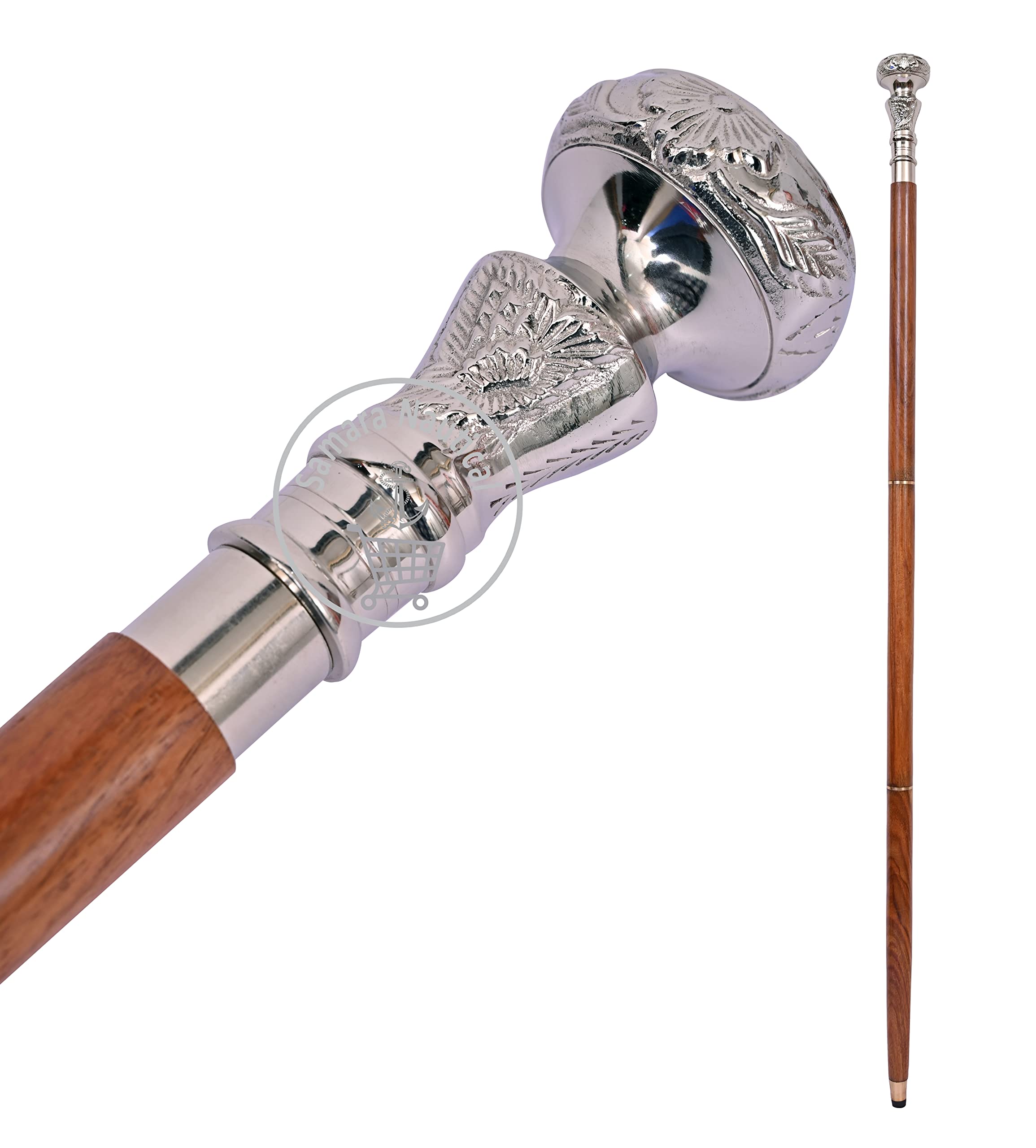 Samara Nautical Vintage Antique Walking Cane Wooden Walking Stick Silver Brass Handle Knob Gifts