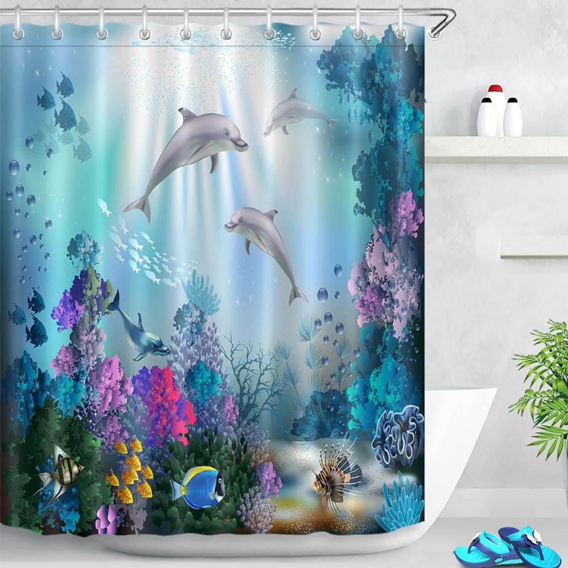 LB Blue Shower Curtain- Mould proof Resistant Waterproof Shower Curtains for Bathroom- 59x71 inches Short Bath Curtain with Hooks for Wet Room Decor Cute Dolphin