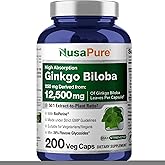 NusaPure Ginkgo Biloba 50:1 Extract, 250 mg Equivalent to 12,500 mg per Veggie Caps 200 Capsules (Vegetarian, Non-GMO, Vegan) Bioperine