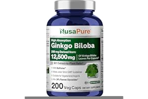NusaPure Ginkgo Biloba 50:1 Extract, 250 mg Equivalent to 12,500 mg per Veggie Caps 200 Capsules (Vegetarian, Non-GMO, Vegan) Bioperine