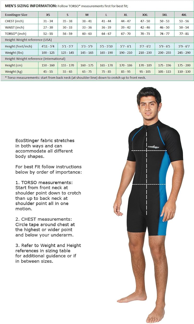 Men Sun Protective Sunsuit Full Body Swimsuit Short Sleeves UPF50+ Black Blue: Clothing