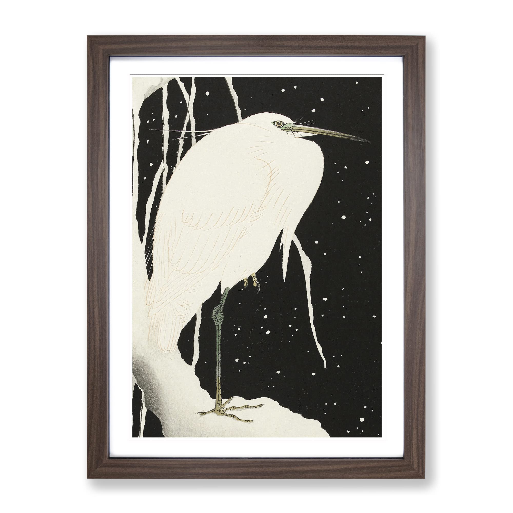 Heron In The Snow By Ohara Koson Asian Japanese Framed Wall Art Print, Ready to Hang Picture for Living Room Bedroom Home Office Décor, Walnut A4 (34 x 25 cm)