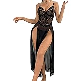 Avidlove Women Lingerie Dress Long Lace Babydoll Chemise Side Split Night Gowns V Neck Mesh Nightdress