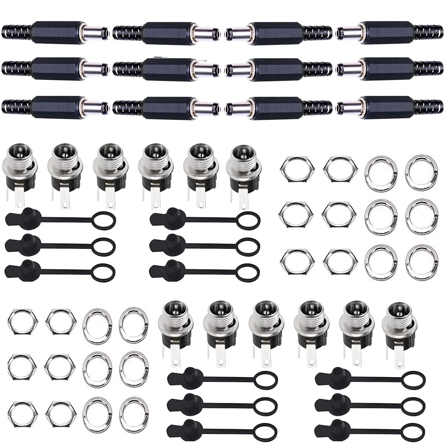 12Pcs 5.5MM x 2.5MM Male DC Power Plug Solder Power Jack Adapter Connector + 12 Pcs 5.5MM x 2.5MM Female DC Panel Socket Mount Adapter Solder+ 12Pcs Rubber Protector Caps for Audio/Video/Phone/CCTV