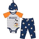 Disney Mickey Mouse Pluto Donald Duck Baby Bodysuit Pants and Hat 3 Piece Outfit Set Newborn to Infant