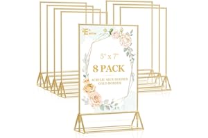 EHWINE 8 Pack 5×7 Clear Acrylic Sign Holder with Gold Borders and Vertical Stand, Double Sided Table Menu Holders Picture Frames for Wedding Table Numbers, Restaurant Signs, Photos and Art Display