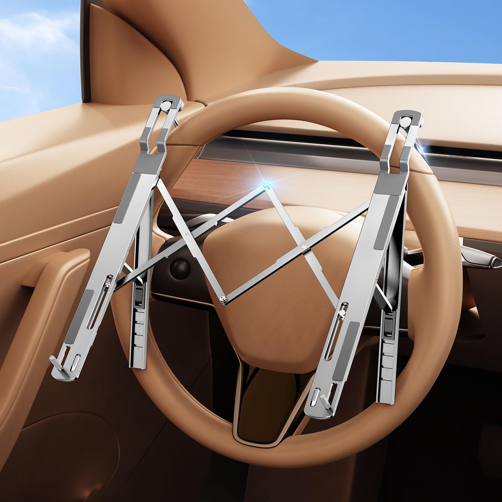 Photo 1 of DICMKY Car Laptop Mount Steering Wheel Tray Holder, Height Adjustable Car Desk for Laptop Computer Tablet, Foldable Portable Lap Laptop Stand for Car Vehicle Workstation Accessories Truck SUV Tesla