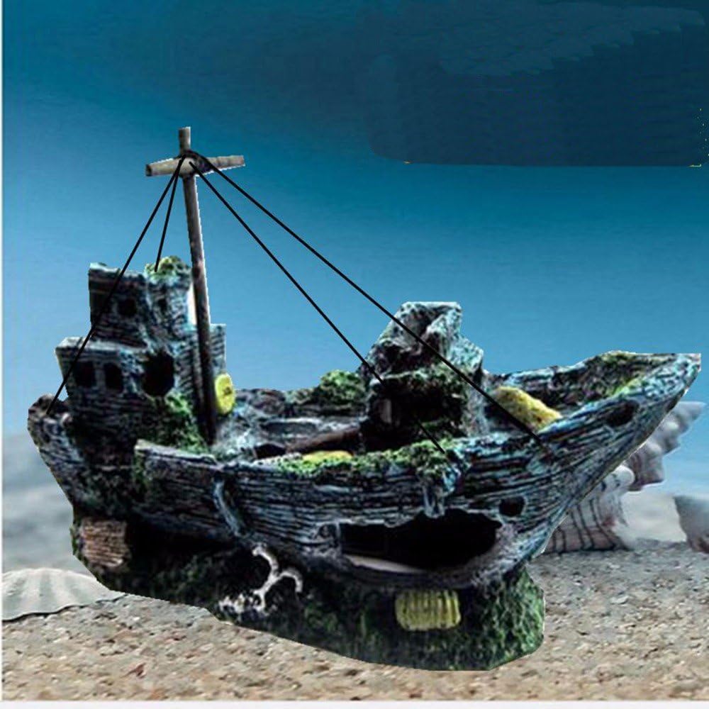 CWDYP Aquarium Landscaping Aquarium Decoration Boat Evasion House Decoration Hollow Resin Large Wreck Driftwood Pirate Ship,大蓝船,about 30*11*20cm,
