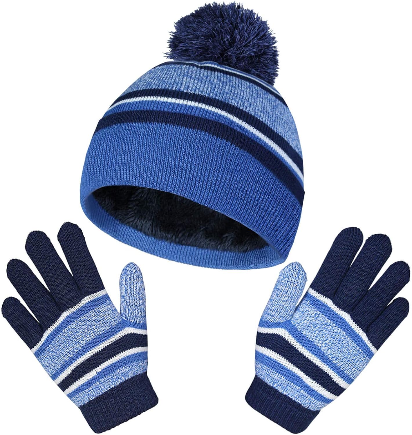 Winter Hats and Gloves Warm Sets Beanie for Boys and Girls Blue: Clothing