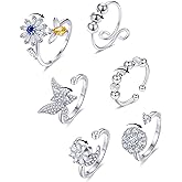 Tornito 5-6Pcs Fidget Anxiety Spinner Ring Adjustable Open Ring Cubic Zirconia Sunflower Windmill Butterfly Moon Bead Stress Relief Stackable Rings for Women Silver Gold Tone
