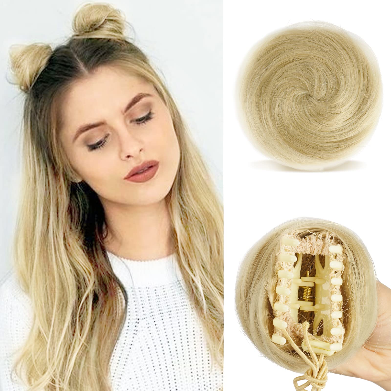 Sofeiyan 2PCS Mini Claw Clip in Hair Bun Messy Cat Ears Hair Bun Extension Synthetic Donut Wig Accessory Updo Space Bun Hair Pieces for Women Girls, Golden/Bleach Blonde Mix