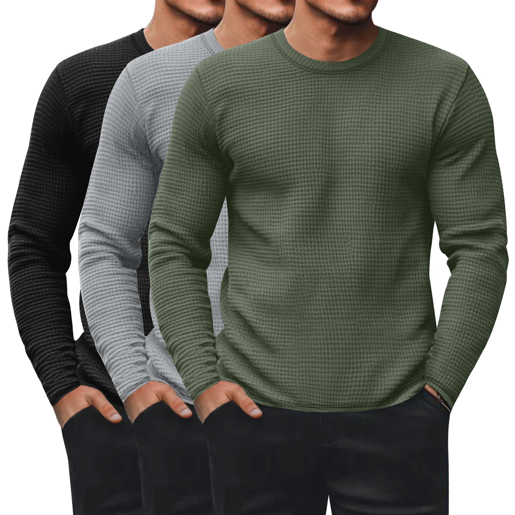 Photo 1 of Ficerd 3 Pack Men's Waffle Long Sleeve Shirts, Crew Neck Thermal Underwear Tops Casual Pullover Sweaters Knit Undershirts(Black, Gray, Green,S)